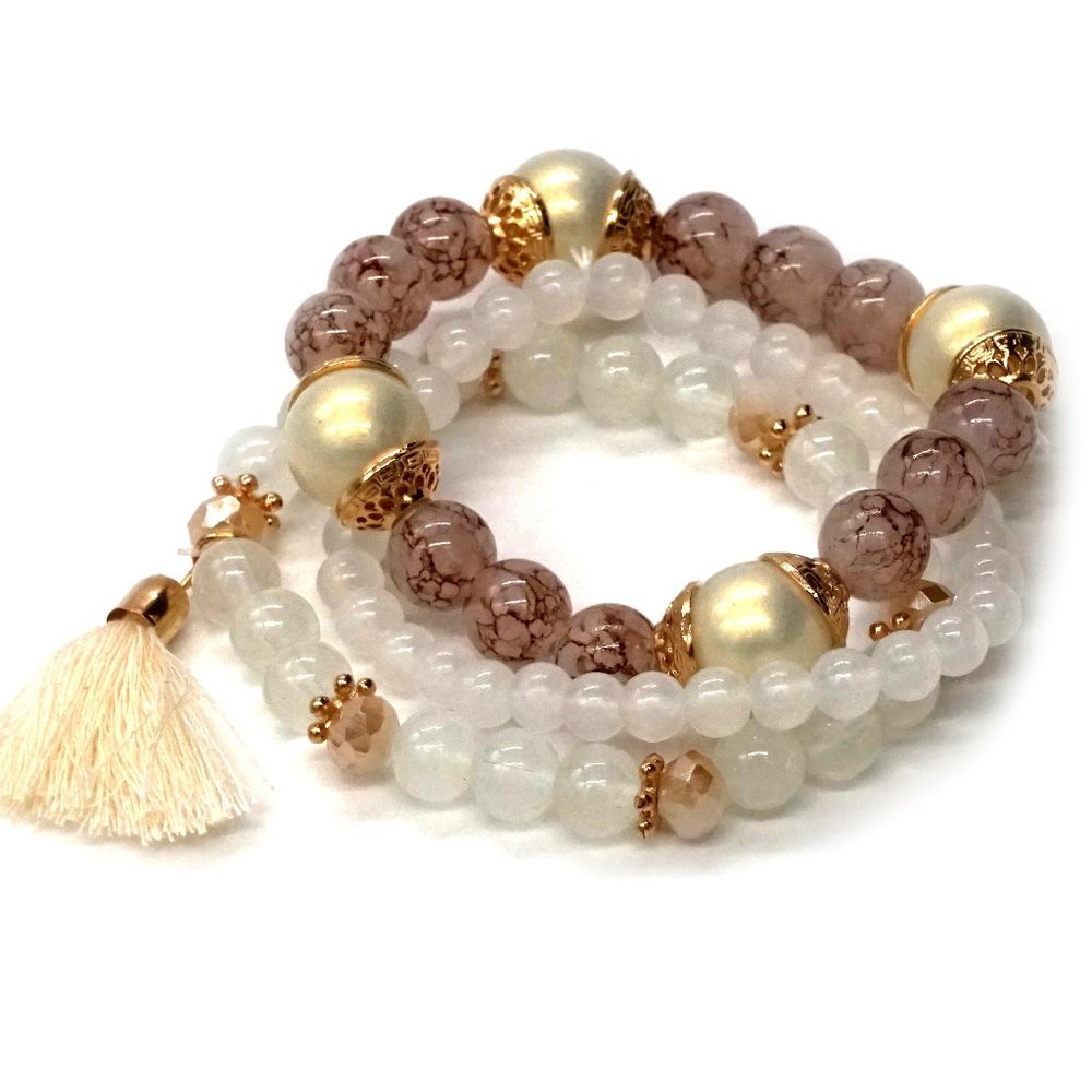 Bracelet Three Strands Stretch White Tan Tassel Bead Caps.